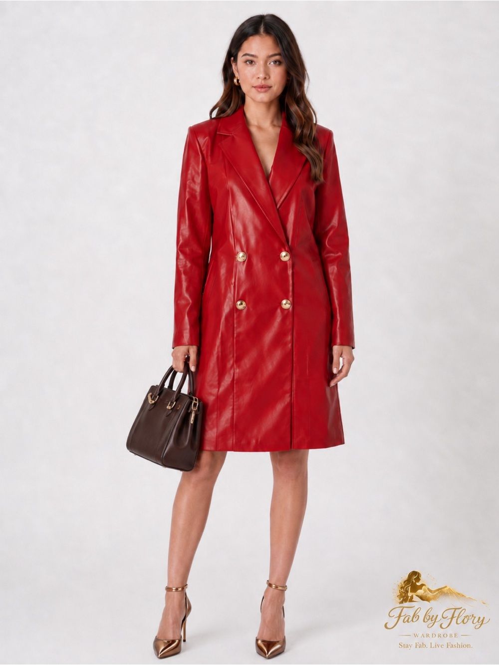 OYROSY Red Faux Leather Double-Breasted Blazer Dress